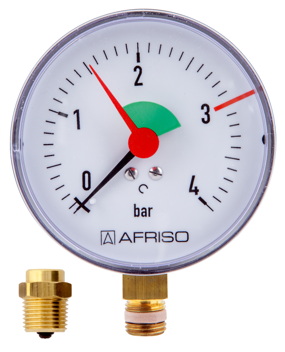 AFRISO Heizungsmanometer HZ 80 0/4bar 1/4 mit PTFE-Dichtring radial Kl.2,5 mit Ventil,EK VOR 15580