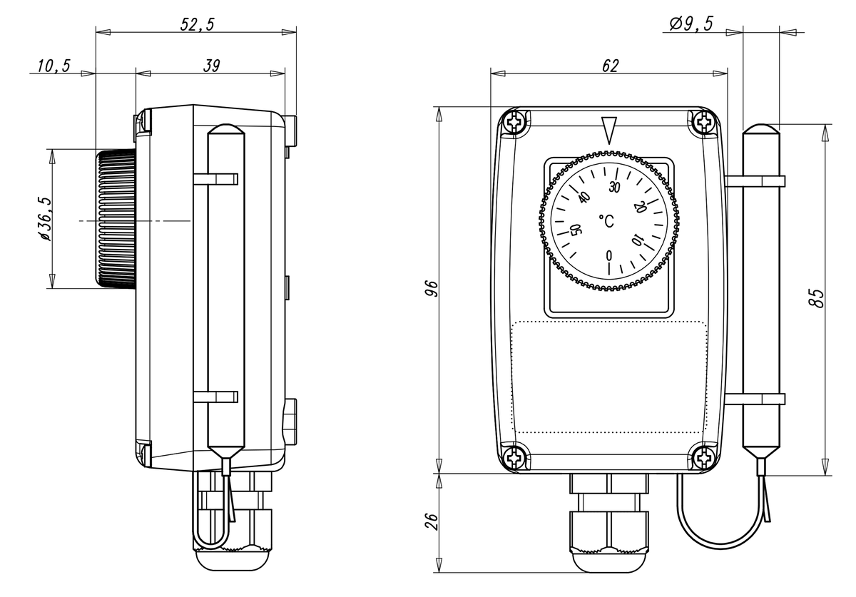 AFRISO Gehäuse-Raumthermostat GRT/7RT 0/60C, von außen einstellbar BEF 76580