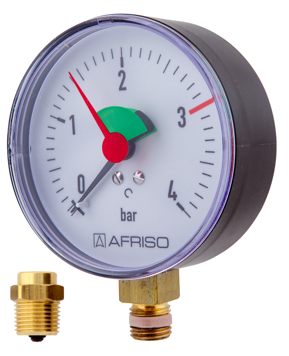 AFRISO Heizungsmanometer HZ 80 0/4bar 1/4 mit PTFE-Dichtring radial Kl.2,5 mit Ventil,EK SAR 15580