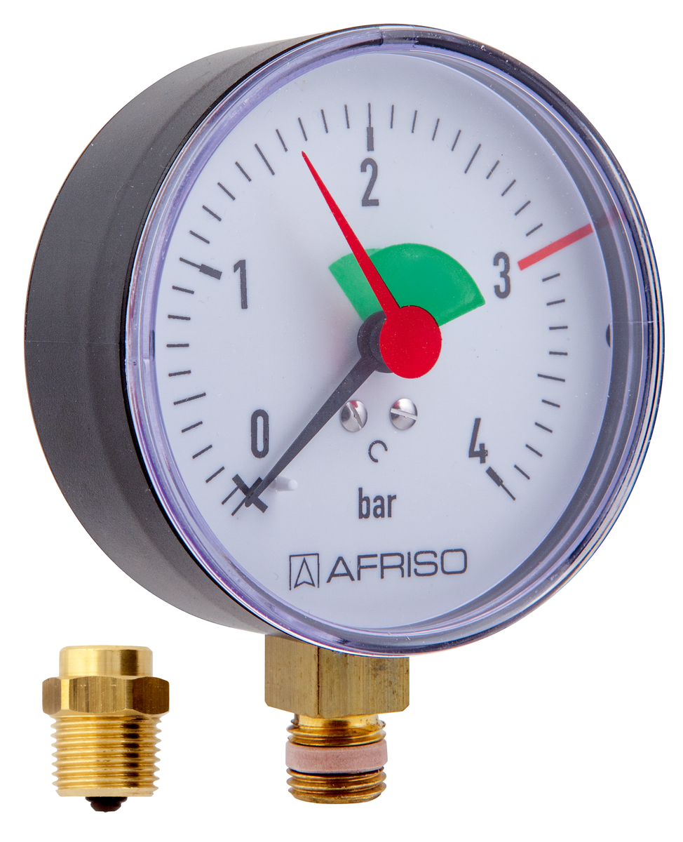 AFRISO Heizungsmanometer HZ 80 0/4bar 1/4 mit PTFE-Dichtring radial Kl.2,5 mit Ventil,EK SAL 15630