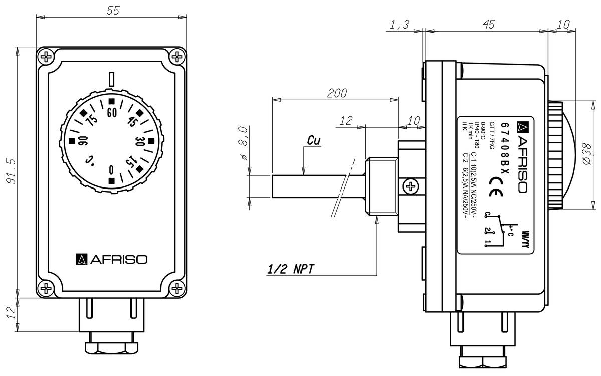 AFRISO Gehäuse-Tauchthermostat GTT/7RG 0/90C, Schaftlänge: 100mm BEF 74140 74150 74160 74170