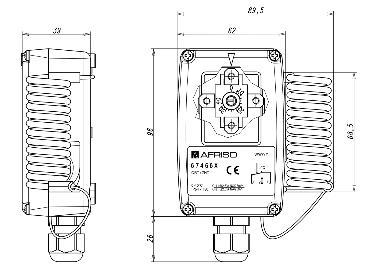 AFRISO Gehäuse-Raumthermostat GRT/7HT 0/40C, von innen einstellbar BEF 76600