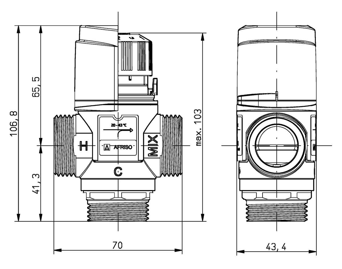 AFRISO Thermisches Mischventil ATM 341 G3/4, 20-43C, Kvs 1,6 m3/h BEF 110110 110120 110130 110140 110160 110170 110180 110190