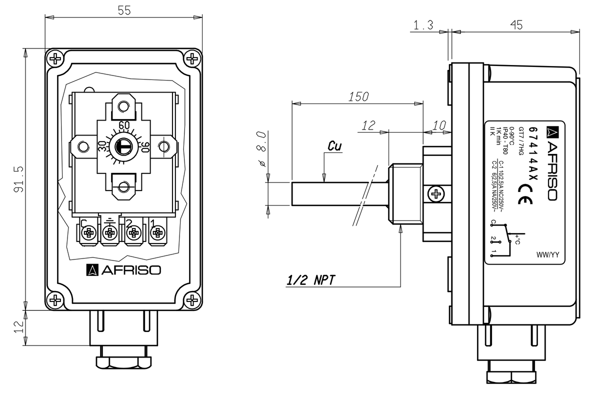 AFRISO Gehäuse-Tauchthermostat GTT/7HG 0/90C, Schaftlänge: 100mm BEF 76640 76650