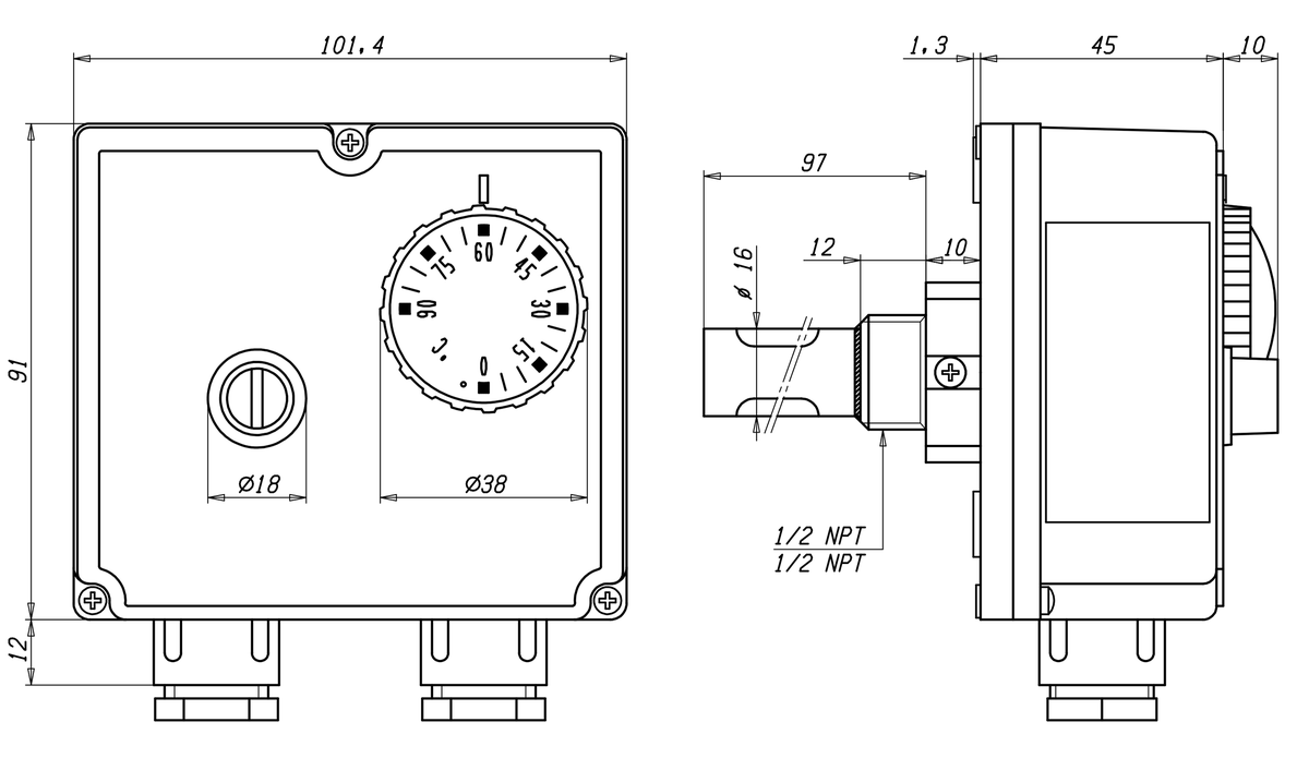 AFRISO Gehäuse-Doppelthermostat GDT/8RS 0/90C (100C), Schaftlänge: 100mm BEF 73990