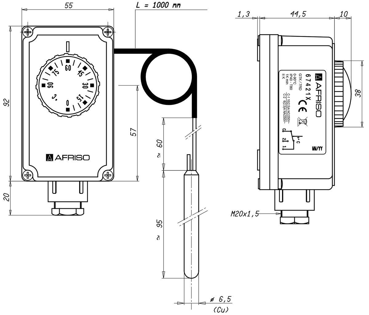 AFRISO Gehäusethermostat mit Kapillare GTK/7RD, 0/90C, Kapillarlänge 1000mm BEF 76730 76740