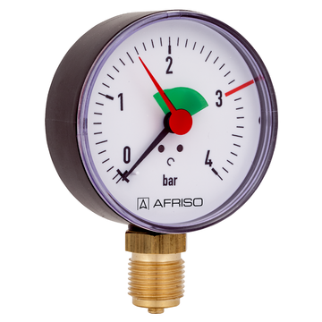 Rohrfeder-Manometer für Heizung/Sanitär - Axial, Afriso, Ø63mm, DN10  (3/8), 3bar Markierung