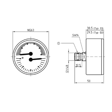 AFRISO Thermo-Manometer TM 63 20/120C 0/4bar G1/2B axial mit Ventil D211 BEF 16460